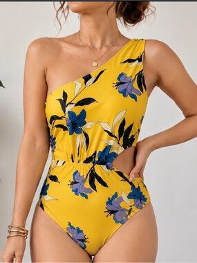 NWT Jones New York One-Shoulder Cutout Yellow Floral Swimsuit Medium